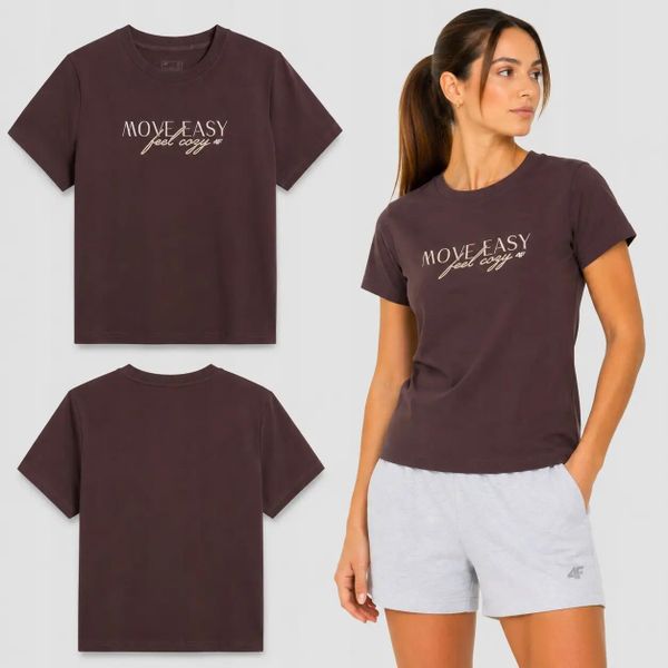 KOSZULKA DAMSKA 4F T-SHIRT SPORTOWY Z NADRUKIEM BAWEŁNIANY F2743 SS26. Brązowe bluzki sportowe damskie 4f, s, bez wzorów, z bawełny, bez ramiączek. Za 46.28 zł.
