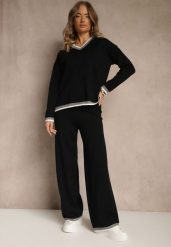Czarny Komplet Dzianinowy Sweter i Spodnie Wide Leg z Ozdobną Lamówką Ralenia. Czarne spodnie materiałowe damskie Renee, z aplikacjami, z dzianiny. Za 159.99 zł.