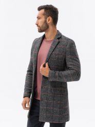 Jednorzędowy płaszcz męski w kratę - czarny V2 C500 - XL. Czarne płaszcze męskie Ombre Clothing, l, bez wzorów, z poliesteru. W wyprzedaży za 199.99 zł.