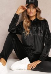 Czarny 2-częściowy Welurowy Komplet Dresowy z Bluzą i Spodniami Yamiya. Czarne bluzy z kapturem damskie Renee, s, z dresówki. Za 74.99 zł.