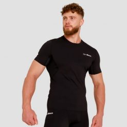 Koszulka męska fitness kompresyjna slim High. Czarne t-shirty sportowe męskie GYMBEAM, l, z elastanu, bez ramiączek, na fitness i siłownię. Za 94.90 zł.