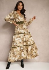 Beżowa Sukienka Rozkloszowana z Kopertowym Dekoltem Falbanami i Paskiem Fezisha. Brązowe sukienki damskie Renee, na co dzień, l, bez wzorów, eleganckie, bez kołnierzyka, bez ramiączek, maxi, kopertowe. W wyprzedaży za 90.99 zł.
