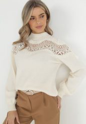 Jasnobeżowy Sweter Dzianinowy z Koronką Amaleth. Brązowe swetry klasyczne damskie Born2be, z dzianiny, bez kołnierzyka. Za 159.99 zł.