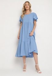 Jasnoniebieska Sukienka o Rozkloszowanym Kroju z Wiskozą Filastia. Niebieskie sukienki damskie Born2be, na co dzień, l, bez wzorów, z wiskozy, eleganckie, bez kołnierzyka, bez ramiączek, midi, rozkloszowane. W wyprzedaży za 67.99 zł.