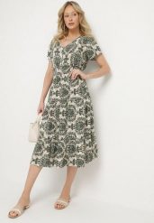 Ciemnozielona Bawełniana Sukienka o Rozkloszowanym Kroju z Gumką w Pasie Desilona. Zielone sukienki damskie Born2be, na co dzień, l, bez wzorów, z bawełny, eleganckie, bez kołnierzyka, bez ramiączek, midi, rozkloszowane. Za 49.99 zł.