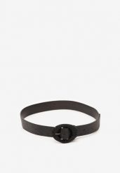 Czarny Brokatowy Pasek z Geometryczną Klamrą Senirae. Czarne paski damskie Renee, bez wzorów, z jeansu, eleganckie. Za 24.99 zł.