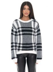 Bluza Leone 1947 Glam Winter Damen Karo Rundhalspullover z Logo-Etikett. Czarne bluzy bez kaptura damskie LEONE 1947 APPAREL, xs, z tkaniny. Za 412.58 zł.
