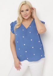 Niebieska Bluzka Top z Falbankami Przy Ramionach w Serduszkowy Wzór Salixia. Niebieskie bluzki damskie Born2be, l, bez wzorów, z jeansu, eleganckie, bez kołnierzyka, bez ramiączek. Za 29.99 zł.