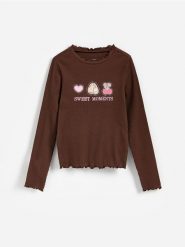 Bawełniana koszulka Pusheen - brązowy. Brązowe koszulki dziewczęce Reserved, bez wzorów, z bawełny, bez ramiączek. Za 45.99 zł.