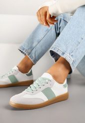 Biało-Zielone Sneakersy Tenisówki w Kultowym Stylu Neolithaen. Białe trampki i tenisówki damskie Renee, bez wzorów, z jeansu. Za 74.99 zł.