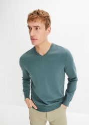 Cienki sweter z miękkiej mieszanki bawełny. Zielone swetry męskie bonprix, m, bez wzorów, z bawełny, bez kołnierzyka. Za 79.99 zł.