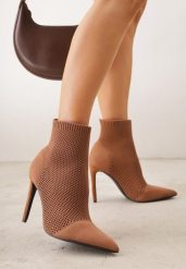 Brązowe Botki VICES na Szpilce z Elastyczną Dzianinową Cholewką Dedanna. Brązowe botki damskie Renee, z dzianiny, bez obcasa, na obcasie, bez zapięcia. Za 159.99 zł.