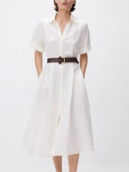 Sukienka midi z lnem - biały. Białe sukienki damskie Reserved, l, bez wzorów, z wiskozy, bez kołnierzyka, bez ramiączek, midi, rozkloszowane. Za 199.99 zł.