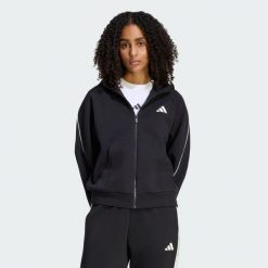 BLUZA STADIUM Z KAPTUREM, MAŁYM LOGO I SUWAKIEM NA CAŁEJ DŁUGOŚCI. Czarne bluzy sportowe damskie Adidas, m, bez wzorów, z bawełny, bez ramiączek, z kapturem. Za 329.00 zł.