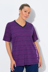 Damskie Bluzka funkcyjna paski klasyczny krój dekolt w serek krótki rękaw. Niebieskie bluzki sportowe damskie Ulla Popken, plus size, z dżerseju, bez kołnierzyka, bez ramiączek. Za 199.99 zł.