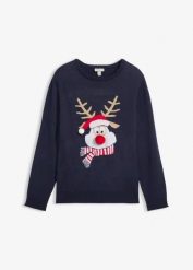Sweter z bożonarodzeniowym motywem. Niebieskie swetry męskie bonprix, m, bez wzorów, bez kołnierzyka. Za 109.99 zł.