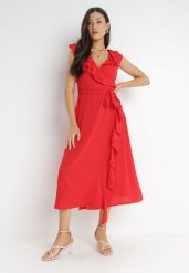 Czerwona Sukienka Mellothee. Czerwone sukienki damskie Born2be, na imprezę, l, bez wzorów, z materiału, eleganckie, bez kołnierzyka, bez ramiączek, midi, kopertowe. W wyprzedaży za 119.99 zł.