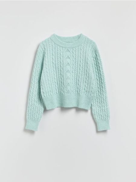 Sweter z dekoracyjnym splotem - jasnoturkusowy. Niebieskie swetry klasyczne damskie Reserved, l, z dzianiny, bez kołnierzyka. Za 129.99 zł.