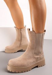 Ciemnobeżowe Botki Sztyblety Grunge na Platformie z Brokatową Wstawką Dugan. Brązowe botki damskie Renee, klasyczne, bez obcasa, na platformie, bez zapięcia. Za 159.99 zł.