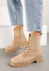 Ciemnobeżowe Botki Workery z Imitacji Zamszu Ocieplane Futrem Resizelle. Brązowe botki damskie Born2be, z futra, eleganckie, bez obcasa, na obcasie, bez zapięcia. Za 169.99 zł.