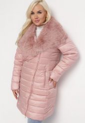 Różowa Kurtka Pikowana z Odpinanym Futerkiem z Asymetrycznym Suwakiem Redma. Czerwone kurtki damskie Born2be, xl, bez wzorów, bez kaptura. Za 299.99 zł.