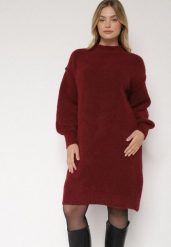 Bordowa Pudełkowa Sukienka Dzianinowa z Domieszką Wełny Netessa. Czerwone sukienki damskie Born2be, bez wzorów, z dzianiny, eleganckie, bez kołnierzyka, bez ramiączek. Za 139.99 zł.