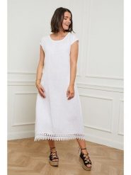 Curvy Lady Lniana sukienka w kolorze białym rozmiar: 44/46. Białe sukienki damskie Curvy Lady, na co dzień, bez wzorów, z koronki, klasyczne, bez kołnierzyka, bez ramiączek, maxi, proste. Za 104.39 zł.
