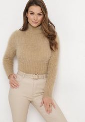 Beżowy Puchaty Golf z Wełną i Długim Rękawem Bullame. Brązowe golfy damskie Born2be, bez wzorów, z wełny, bez ramiączek. Za 49.99 zł.