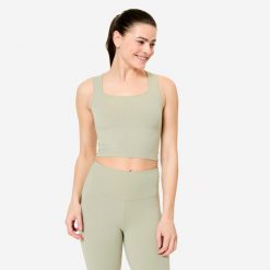 Koszulka fitness damska Domyos kwadratowy dekolt. Brązowe bluzki damskie DOMYOS, l, bez wzorów, z elastanu, bez ramiączek. Za 64.99 zł.