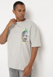 Szara Koszulka z Krótkim Rękawem T-Shirt z Nadrukiem z Przodu i na Plecach Franestia. Szare t-shirty męskie Born2be, m, bez wzorów, z jeansu, bez kołnierzyka. Za 54.99 zł.