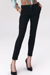 Czarne Stylowe Spodnie w Kant Zapinane na Napy. Czarne spodnie materiałowe damskie Nife, bez wzorów, z elastanu, eleganckie, z podwyższonym stanem. Za 224.90 zł.
