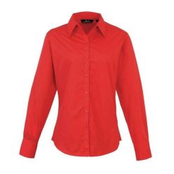 Bluzka Damska Z Długim Rękawem Z Popeliny. Czerwone bluzki damskie PREMIER, xl, bez wzorów, casualowe, bez kołnierzyka, bez ramiączek. Za 112.99 zł.