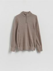 Sweter z zapinanym golfem - beżowy. Brązowe swetry męskie Reserved, l, bez wzorów, z bawełny, bez kołnierzyka. Za 129.99 zł.