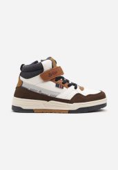 Biało-Brązowe Płaskie Botki Sneakersy ze Sznurowaniem i Napisami Izalia. Białe botki dziewczęce Born2be, bez wzorów, z materiału, bez ramiączek. Za 119.99 zł.