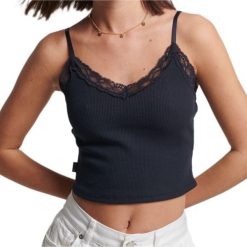 Koszulka turystyczna damska Superdry Vintage Rib Lave Top. Niebieskie bluzki damskie Superdry., bez wzorów, z bawełny, vintage, bez kołnierzyka, bez ramiączek. Za 77.05 zł.