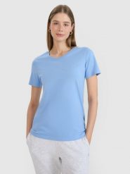 4F T-shirt regular gładki damski - niebieski XS. Niebieskie t-shirty damskie 4f, xs, bez wzorów, z bawełny, bez kołnierzyka. Za 49.99 zł.