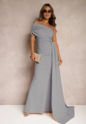Jasnoszara Sukienka Maxi bez Ramiączek z Ozdobnym Trenem i Marszczeniem Kaliel. Szare sukienki damskie Renee, l, bez wzorów, eleganckie, bez kołnierzyka, bez ramiączek, maxi. Za 99.99 zł.