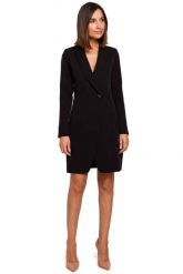 Czarna Elegancka Żakietowa Sukienka na Jeden Guzik. Czarne sukienki damskie MOE, l, bez wzorów, z elastanu, eleganckie, bez kołnierzyka, bez ramiączek. Za 273.90 zł.