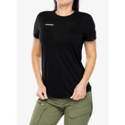 Koszulka merino damska Mammut Tree Wool FL T-Shirt. Czarne bluzki sportowe damskie Mammut, bez kołnierzyka, bez ramiączek. Za 341.45 zł.