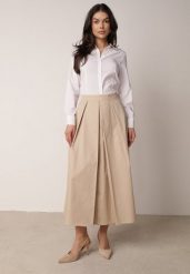 Beżowa Rozkloszowana Spódnica z Bawełny z Szerokimi Plisami Malona. Brązowe spódniczki damskie Born2be, l, bez wzorów, z bawełny, biznesowe, midi, proste. Za 119.99 zł.