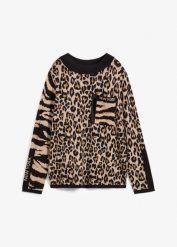 Sweter z cienkiej dzianiny ze wzorem w panterkę. Brązowe swetry klasyczne damskie bonprix, z dzianiny, bez kołnierzyka. Za 144.99 zł.