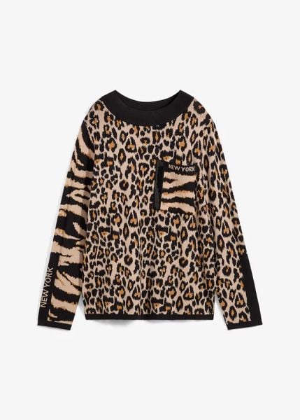 Sweter z cienkiej dzianiny ze wzorem w panterkę. Brązowe swetry klasyczne damskie bonprix, z dzianiny, bez kołnierzyka. Za 147.99 zł.