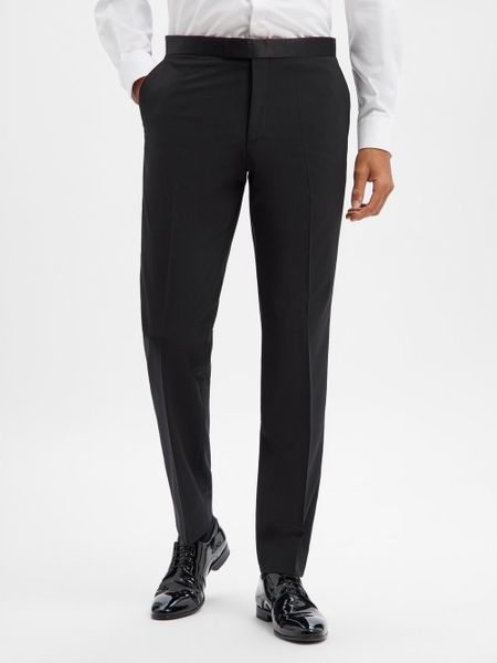 BOSS Spodnie z zawartością wełny dziewiczej - Leon Tux Mężczyźni Regular Fit czarny, 24. Czarne spodnie materiałowe męskie Boss, z wełny. Za 799.95 zł.