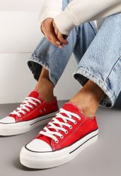 Czerwone Casualowe Trampki na Platformie ze Sznurowaniem Ravathra. Czerwone trampki i tenisówki damskie Renee, bez wzorów, z materiału. Za 49.99 zł.