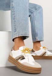Biało-Brązowe Sneakersy Klasyczne Tenisówki Wyposażone w Dodatkowe Sznurówki Nasalle. Białe trampki i tenisówki damskie Renee, bez wzorów, z materiału. Za 89.99 zł.