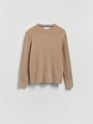 Strukturalny sweter z bawełną - beżowy. Brązowe swetry męskie Reserved, l, bez wzorów, z bawełny, bez kołnierzyka. Za 129.99 zł.