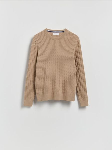 Strukturalny sweter z bawełną - beżowy. Brązowe swetry męskie Reserved, l, bez wzorów, z bawełny, bez kołnierzyka. Za 129.99 zł.