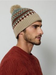 Wzorzysta czapka z pomponem - beżowy. Brązowe czapki męskie Reserved, bez wzorów. W wyprzedaży za 39.99 zł.