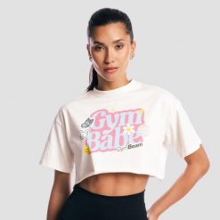 Koszulka damska fitness krótka kremowa GymBabe. Brązowe topy sportowe damskie GYMBEAM, na lato, m, bez wzorów, z bawełny, bez ramiączek. Za 80.90 zł.
