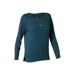 Koszulka długi rękaw Gym & Pilates 500 damska niebieska z nadrukiem. Niebieskie bluzki sportowe damskie DOMYOS, xl, bez wzorów, z bawełny, bez kołnierzyka. Za 39.99 zł.